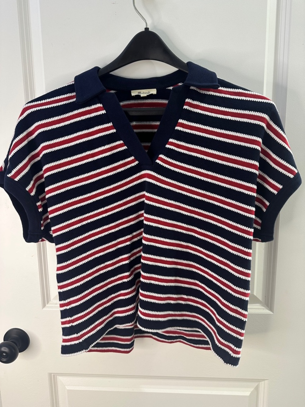 Madewell Striped Knit Polo Top Navy Red White Preppy Casual Boxy  Size Small